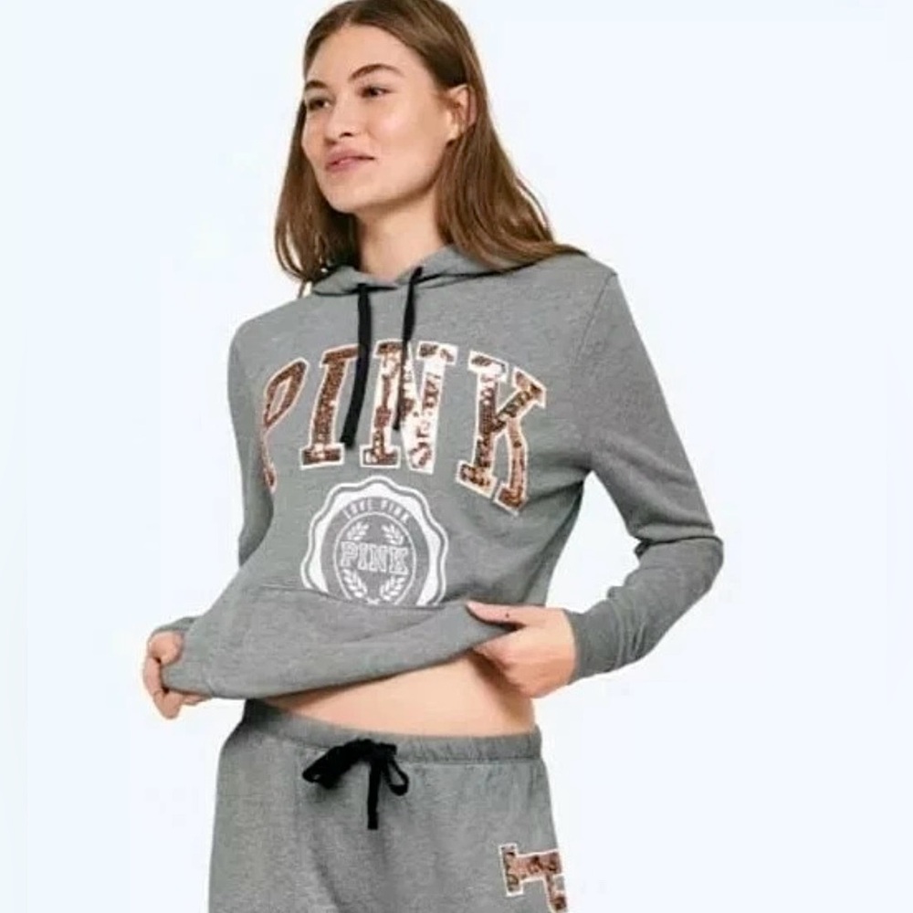 PINK Victoria's Secret Women's Gray Bling Hooded Pullover Sweatshirt Size Medium